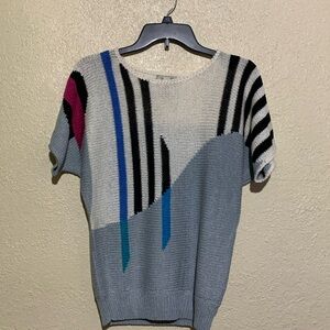 Ann Wi Sweater M Stretchy Gray Cream Black Stripes Pull Over Short Dolman Sleeve